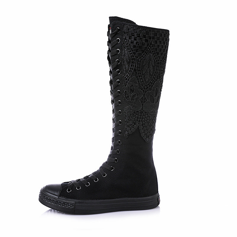 Women Boots Winter Canvas Soft Punk Boots Classic Comfy Knee High Boots Zipper Lace-Up Female Shoes Rubber Warm Black Boots